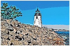 Newport Harbor Light Along Rock Jetty - Digital Painting